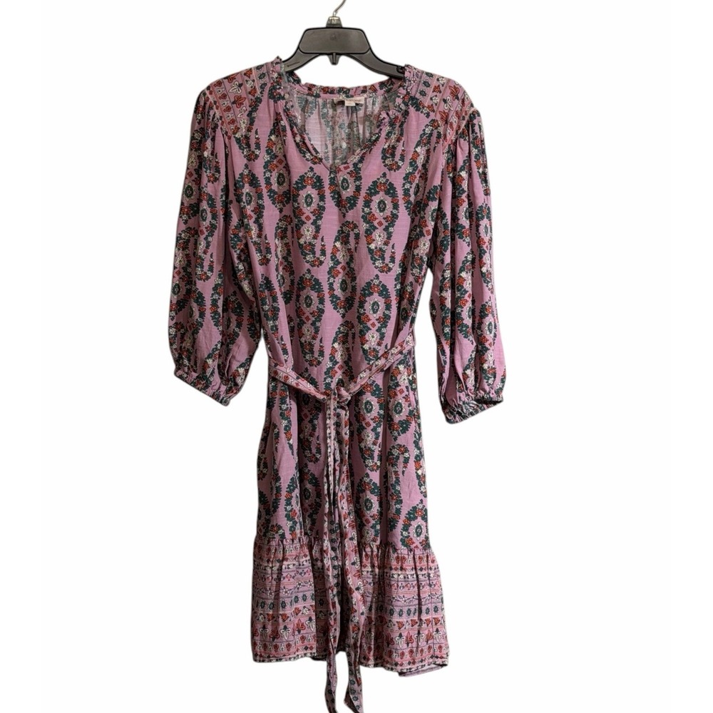 Knox Rose XS Pink Paisley Floral A-Line Dress 3/4 Sleeve Boho Tiered Midi